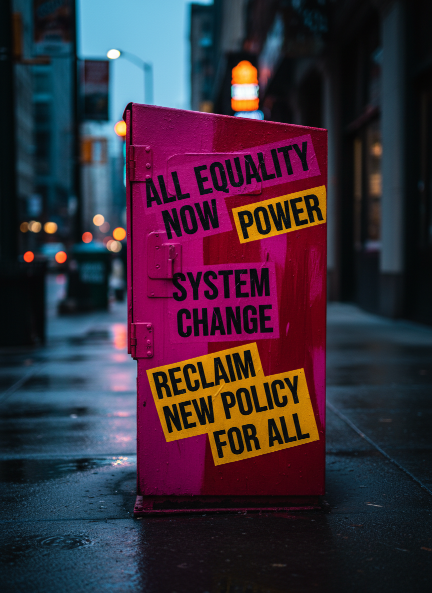 A bold, high-contrast close-up of a vintage metal newspaper vending box painted in vivid fuchsia and deep crimson, its surface covered in crisp, graphic headlines about equality, power, and policy. Some headlines are stamped in black ink, others in electric yellow, evoking protest posters. The box stands on a wet city sidewalk at dusk, neon reflections from nearby storefronts shimmering in puddles. Dramatic side lighting from a streetlamp creates sharp, cinematic shadows and metallic highlights on bolts and hinges. Shot at eye level with shallow depth of field, the background blurs into an abstract city glow. The mood is urgent, rebellious, and unapologetically bold, rendered in photographic realism with a sleek, modern editorial aesthetic.