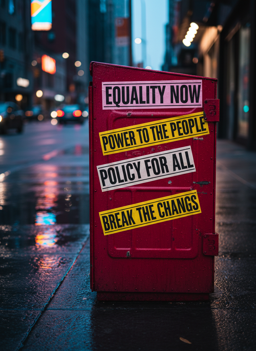 A bold, high-contrast close-up of a vintage metal newspaper vending box painted in vivid fuchsia and deep crimson, its surface covered in crisp, graphic headlines about equality, power, and policy. Some headlines are stamped in black ink, others in electric yellow, evoking protest posters. The box stands on a wet city sidewalk at dusk, neon reflections from nearby storefronts shimmering in puddles. Dramatic side lighting from a streetlamp creates sharp, cinematic shadows and metallic highlights on bolts and hinges. Shot at eye level with shallow depth of field, the background blurs into an abstract city glow. The mood is urgent, rebellious, and unapologetically bold, rendered in photographic realism with a sleek, modern editorial aesthetic.