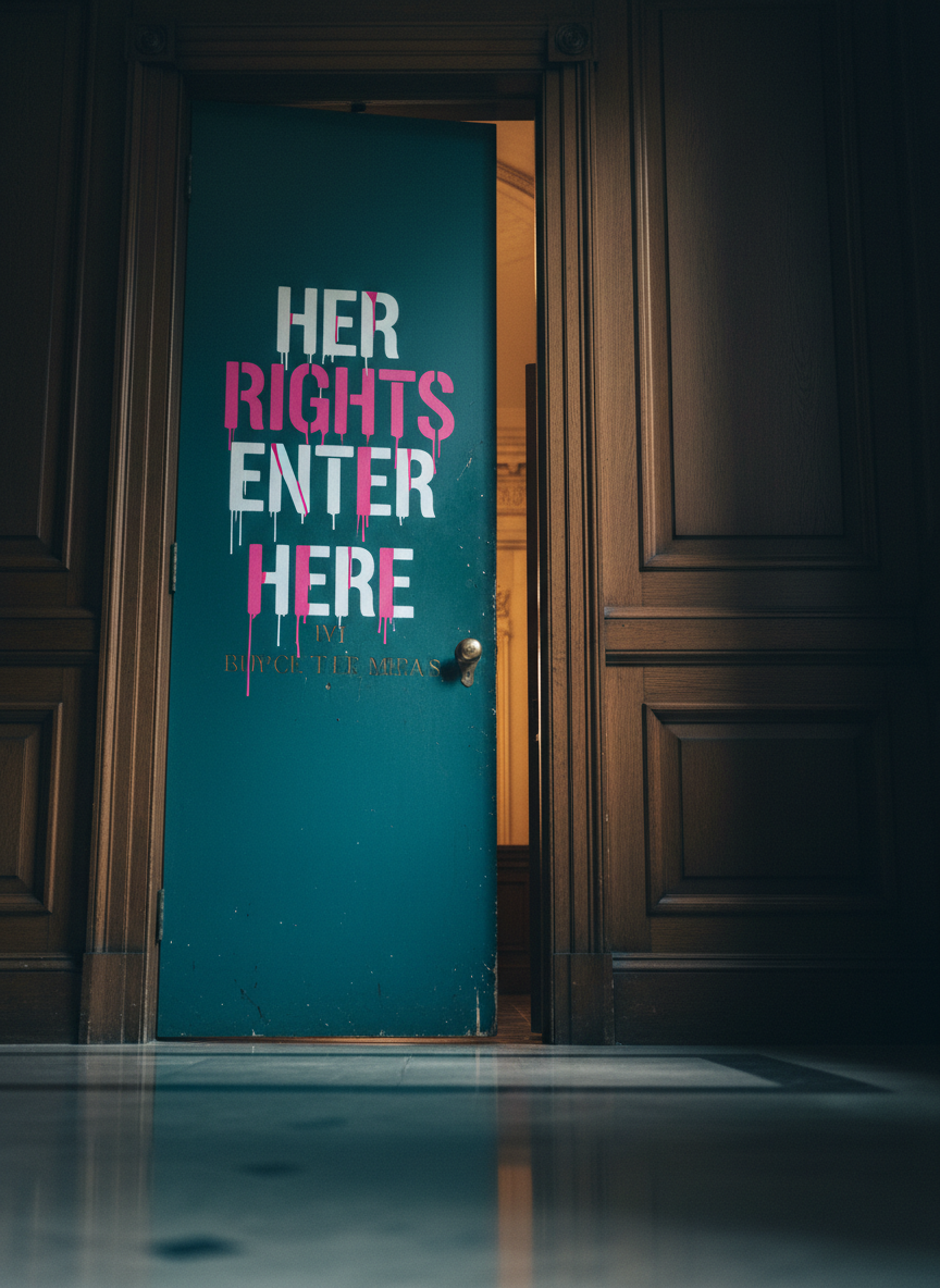 A heavy antique courtroom door, painted a rich, saturated teal and slightly ajar, reveals only a sliver of a grand interior bathed in warm light. On the door, a freshly stenciled graphic in hot pink and white reads “HER RIGHTS ENTER HERE,” layered over older, faded gold lettering, with a few drips of paint suggesting recent, defiant action. The hallway floor is polished stone reflecting the bold typography, while stately wood paneling lines the walls. Soft, directional light from an unseen window creates long, dramatic shadows and a strong sense of depth. Shot from a low-angle perspective to give the door a towering presence, the composition uses rule of thirds to keep the stenciled message dominant. The mood is tense yet hopeful, with photographic realism and a cinematic, activist energy.