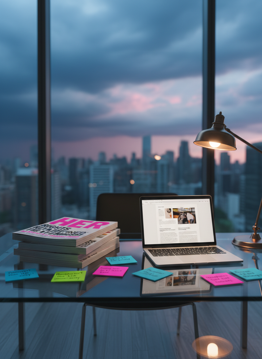 A pristine glass-topped editorial desk set against a floor-to-ceiling window overlooking a modern city skyline, the sky tinged with stormy blues and pinks. On the desk lies a stack of thick, matte magazine mockups titled “HER” in punchy magenta, charcoal, and white, their covers mixing serious headlines about women’s rights with small, witty subheads. A chrome laptop glows with an open article layout, and scattered neon sticky notes carry sharp, satirical one-liners. Cool, diffused afternoon light softens the scene while a single warm desk lamp adds a focused spotlight on the magazine stack, creating subtle reflections in the glass. Captured from a slightly elevated angle with crisp focus and mild background bokeh, the atmosphere feels intellectually electric and editorial, with photographic realism and a clean, high-contrast color story.