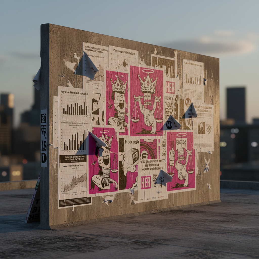 A stark, minimalist urban rooftop at twilight, with a single massive, weathered concrete billboard as the focal point. The billboard’s surface is plastered with layered wheat-paste posters: some are serious monochrome charts on pay gaps and voting rights, others are brightly colored, satirical illustrations that subvert traditional power symbols with a distinctly HER-branded magenta and ink-black palette. A few corners of the posters peel in the wind, revealing older, muted campaigns beneath. Golden hour light grazes the billboard from the side, casting long, dramatic shadows across the concrete and accentuating every tear and wrinkle in the paper. The city skyline in the distance is softly blurred, lights beginning to sparkle. Shot from a slightly low angle in photographic realism, the mood is defiant, contemplative, and powerfully visual, like a silent editorial shouting across the city.