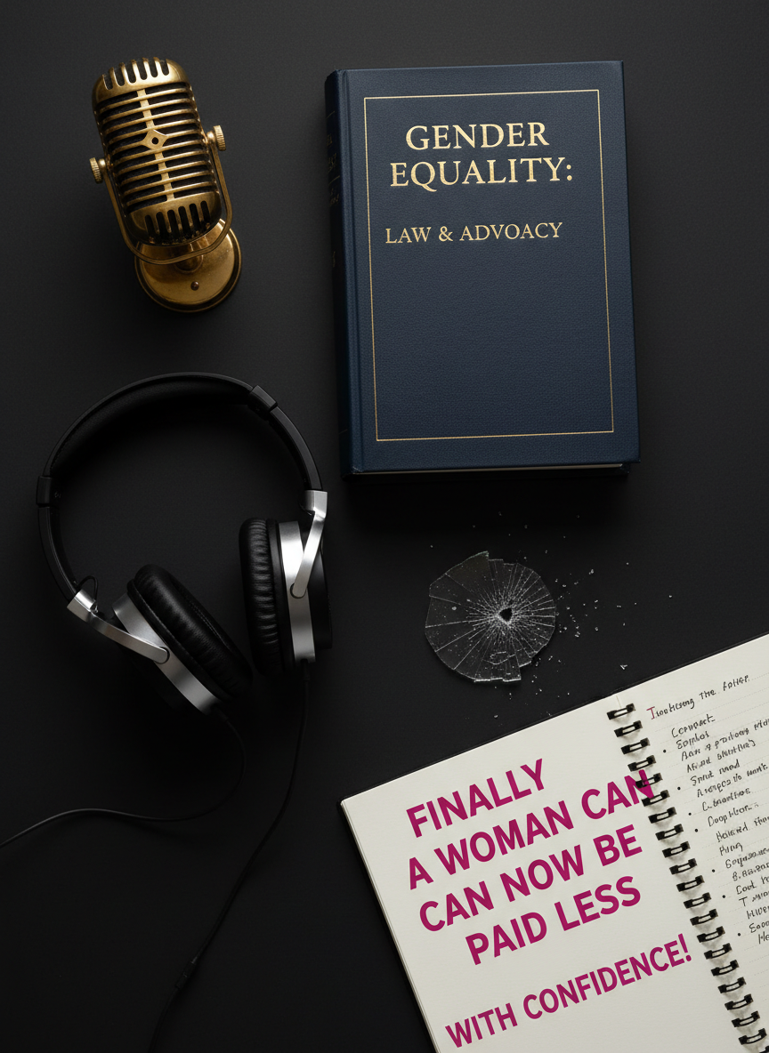 A meticulously arranged flat lay of symbolic objects on a matte black backdrop: a vintage brass microphone with fine mesh detail, a thick legal textbook embossed with gilt lettering on gender equality, a pair of sleek over-ear studio headphones, and a spiral notebook open to a sharply written, sarcastic headline in bold magenta ink. A small, cracked glass ceiling tile fragment rests beside them, glittering subtly. Overhead softbox lighting casts even, diffused light, producing gentle shadows that define each object’s texture while keeping the scene bold and graphic. The composition is carefully balanced, with the microphone drawing the eye in the upper left and the notebook anchoring the lower right, shot straight down in photographic realism. The mood is punchy, intelligent, and slightly irreverent, echoing a news desk that doubles as a staging ground for cultural critique.