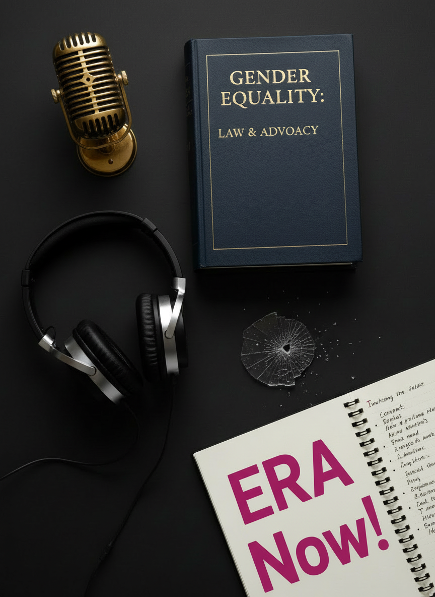 A close-up, high-contrast flat lay of a spiral notebook on a desk with the bold, handwritten text "ERA Now!" in large pink marker across the page, matching the existing HER magazine visual style, minimalist feminist editorial aesthetic, no extra small text, clean and legible.